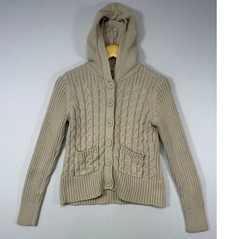 Coastal Grandmother Relativity Women S Beige Cotton Cable Knit Hooded Cardigan‎
